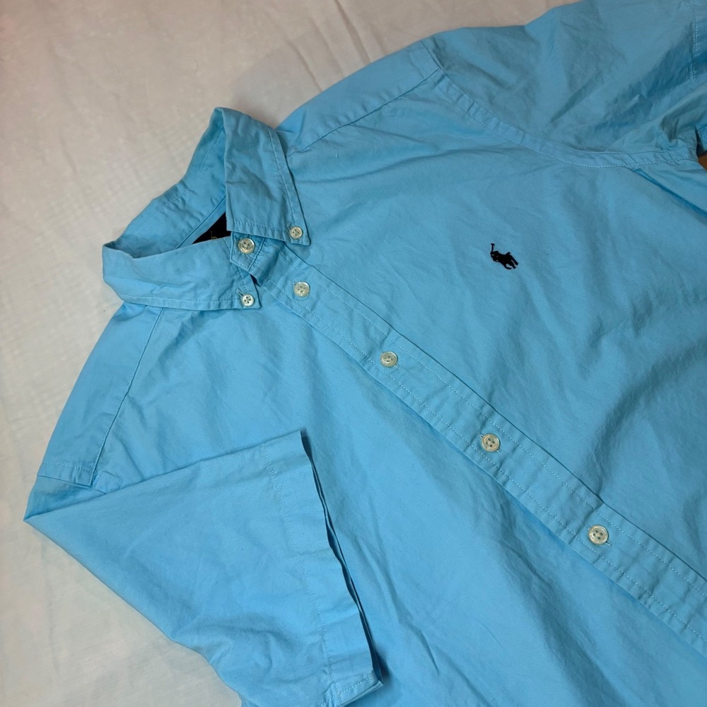 Ralph Lauren Kids Boys Turquoise Blue Short Sleeve Button Down Shirt Sz L 14-16